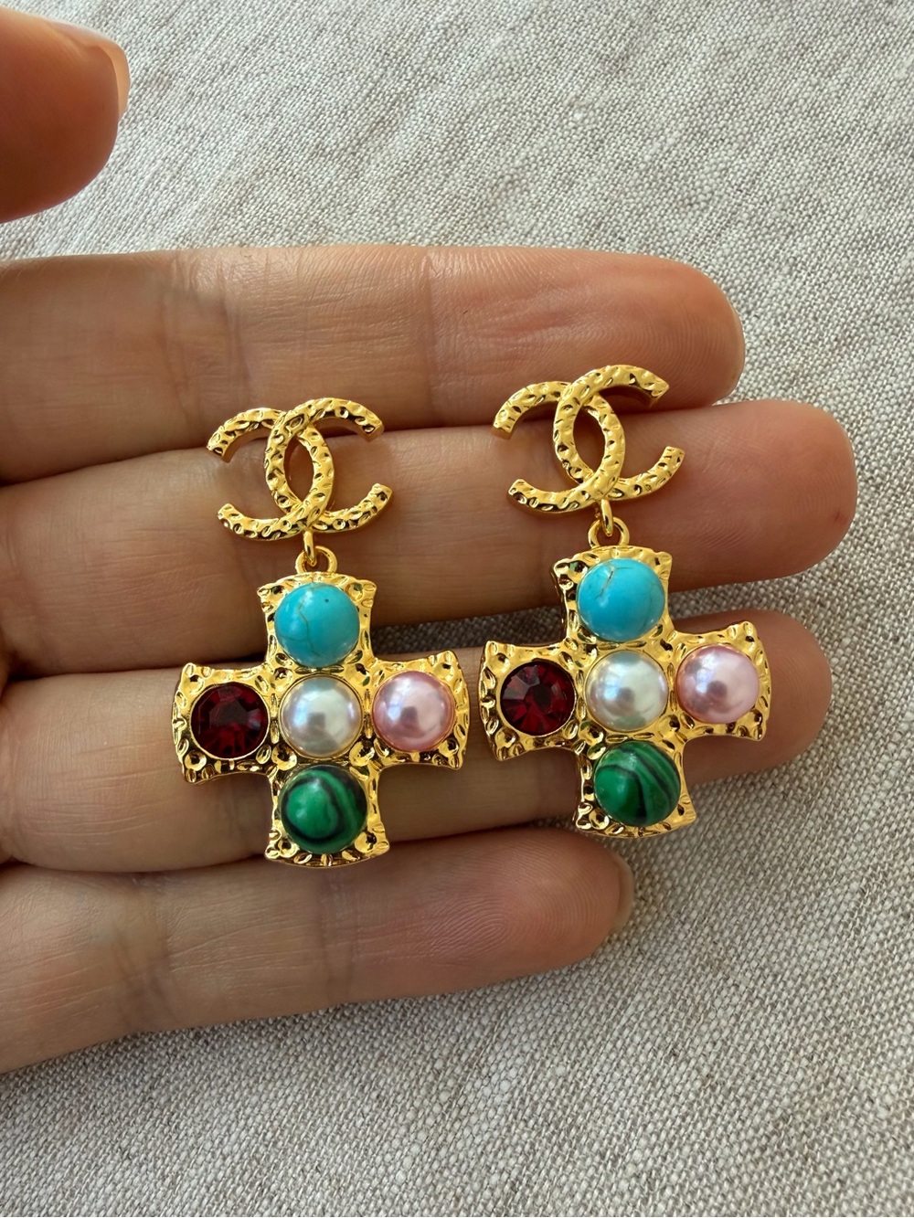 💖CHANEL Gold Cross Drop Earrings with Turquoise, Green, Red and Pink Accents💚❤️🩵 - Picture 9 of 9